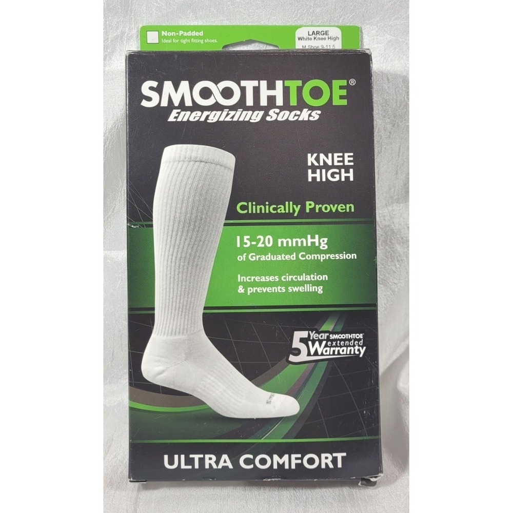 SmoothToe Adult Unisex Energizing Knee High 15-20mmHg Socks - White - L